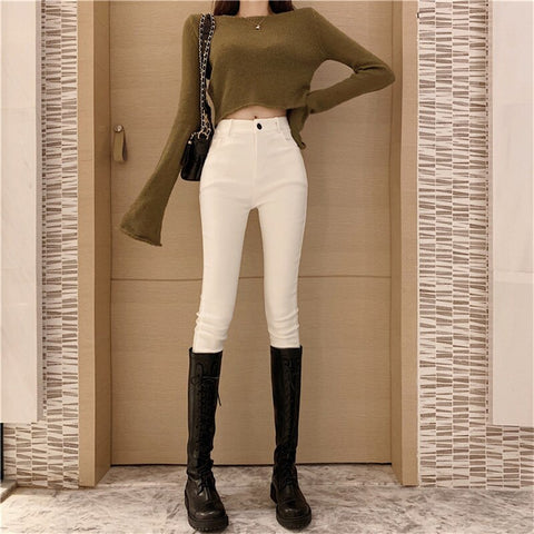 Real S2022 Design Retro Korean Style High Waist Stretch Skinny Bottoming Casual Nine-Point Jeans