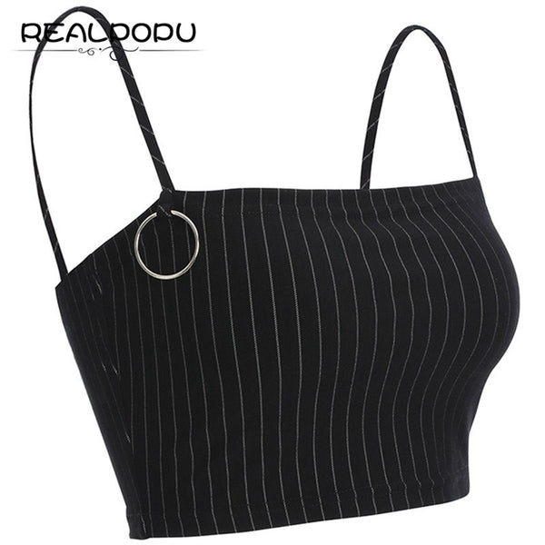 Realpopu Casual Striped Camisole Fem Slash Neck Ladies Streetwear Crop Top Chic Ring Straps Bodycon Black Skinny Camis Summer