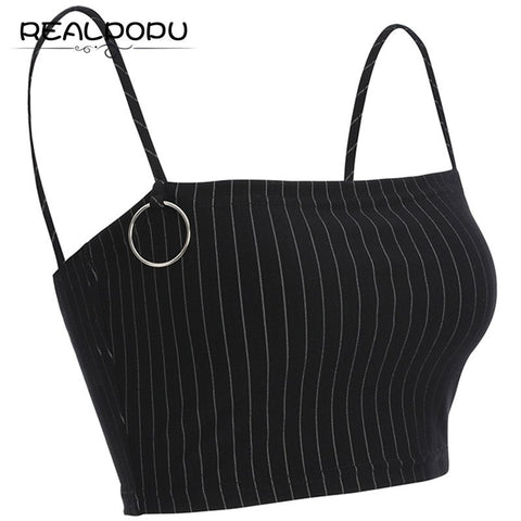 Realpopu Casual Striped Camisole Fem Slash Neck Ladies Streetwear Crop Top Chic Ring Straps Bodycon Black Skinny Camis Summer