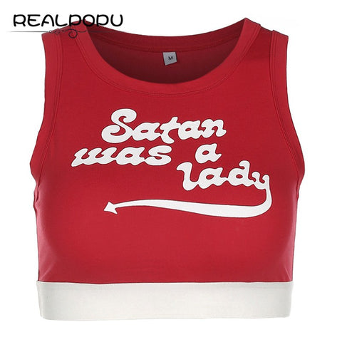 Realpopu Fitness Tank top Patchwork Letter Printed O Neck Casual Women Crop Tops Women 2022 Cropped feminino Slim Fashion Top