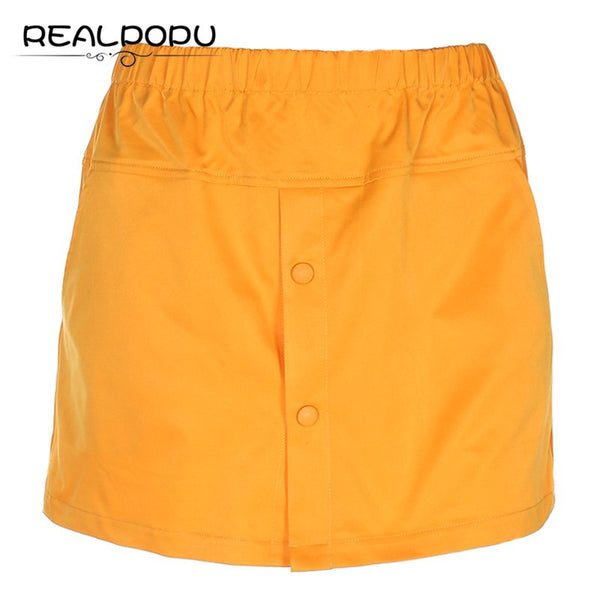 Realpopu High Waist Skirts Women Button Pocket Botto Mini Skirt Casual Schoolgirl Kawaii Fashion Yellow Short Skirt Spring Fall