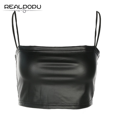 Realpopu Sleeveless Top Women Fitness Casual Black Crop Elastic Leather Tank Tops Tee Sexy Bodycon 2022 Workout Summer Top