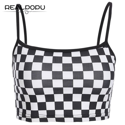 Realpopu Stretchy Knitted Checkerboard Straps Camisole Feminina Fitness Streetwear Bodycon Slim Crop Top Fashion Summer 2022