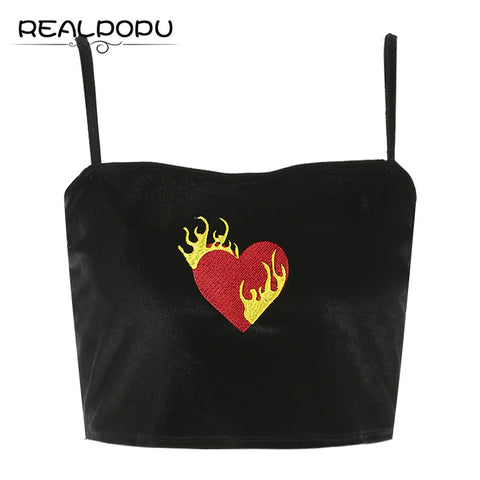 Realpopu Velvet Embroidery Sleeveless Tank Top Women Cropped Breathable Sexy Tight Straps Vest Fashion Fitness Black Crop Tops