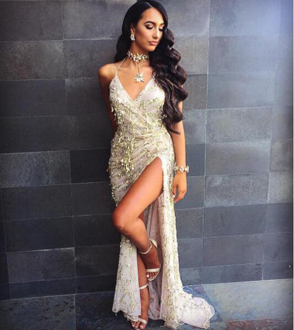 Gold Sequin Sundress 2022 New Clothing Women Sexy Backless Split Luxury Sequined Tassel Party Club Wear Maxi HL Dress