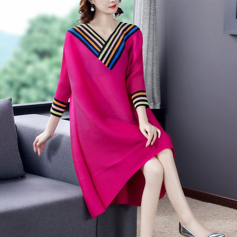 Red 5XL Plus Size Striped Patchwork Corduroy Midi Dress Spring Autumn Loose Casual Vestidos Women Elegant Bodycon Party Dresses