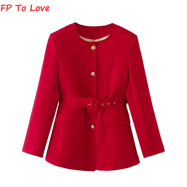 Red Elegant Blazer Chic Street Single Breasted Belt Women's French Round Neck Long Sleeve Outer FP To Love