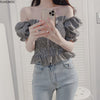 Red Plaid Shirts Blouses Design Korea Chic Clothing Short Crop Peplum Off Shoulder Top Camisas Flhjlwoc