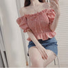 Red Plaid Shirts Blouses Design Korea Chic Clothing Short Crop Peplum Off Shoulder Top Camisas Flhjlwoc