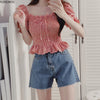 Red Plaid Shirts Blouses Design Korea Chic Clothing Short Crop Peplum Off Shoulder Top Camisas Flhjlwoc