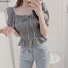 Red Plaid Shirts Blouses Design Korea Chic Clothing Short Crop Peplum Off Shoulder Top Camisas Flhjlwoc