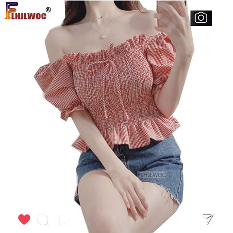 Red Plaid Shirts Blouses Design Korea Chic Clothing Short Crop Peplum Off Shoulder Top Camisas Flhjlwoc