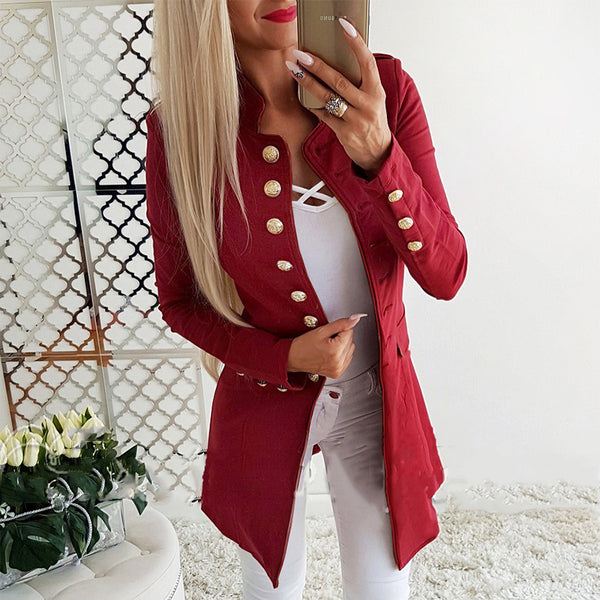 Red Suits Jacket Women Coats Fall Winter 2023 OL Elegant Mock Neck Button Slim Office Ladies Female Chic Long Black Suits TOPS