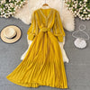 Red/Yellow/Black Embroidered Pleated Long Dress Vintage V-Neck Lantern Long Sleeve High Waist Draped Maxi Vestidos Female 2022