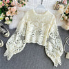 Renda Seksi Hollow Out Berdiri Kerah Kemeja Warna Solid 2023 All-Match Zip Femme Blusas Chic Lentera Lengan Wanita blus