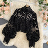 Renda Seksi Hollow Out Berdiri Kerah Kemeja Warna Solid 2023 All-Match Zip Femme Blusas Chic Lentera Lengan Wanita blus