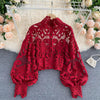 Renda Seksi Hollow Out Berdiri Kerah Kemeja Warna Solid 2023 All-Match Zip Femme Blusas Chic Lentera Lengan Wanita blus