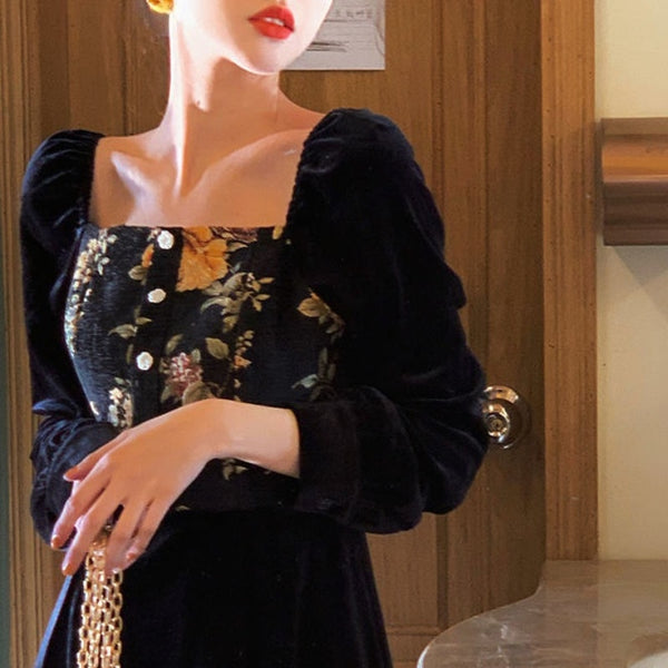 Retro Black Midi Dresses for Women Flower One Piece Dress Korean 2022 Autumn Slim Evening Party Velvet Dress Female Cute Y2k