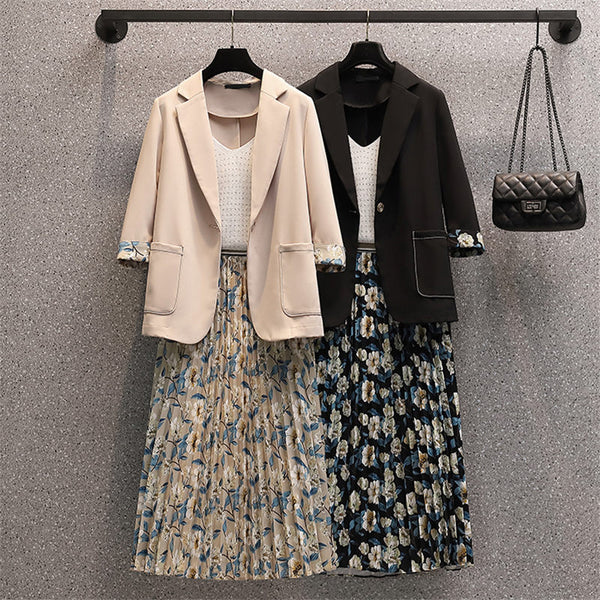 Retro Blazer And Skirt Set Plus Size Women's 2022 Spring Summer Casual Suit Jacket Printed Floral Skirt 2 Piece Lady Outfit M16