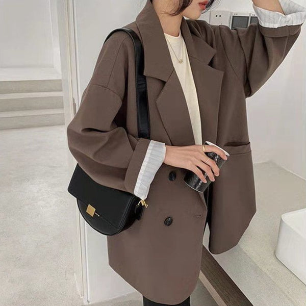 Retro Blazer Women Elegant Coat Oversize Blazer High Street Jacket Casual Solid Women Suit Coat Long Sleeve Veste Femme