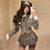Retro Brown Plaid Vest Shirt Coat Skirt Sets Girl College Style Plaid Suit Pleated Mini Skirt Female Sexy Korean Jacket Blazers