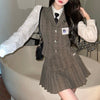 Retro Brown Plaid Vest Shirt Coat Skirt Sets Girl College Style Plaid Suit Pleated Mini Skirt Female Sexy Korean Jacket Blazers