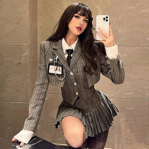 Retro Brown Plaid Vest Shirt Coat Skirt Sets Girl College Style Plaid Suit Pleated Mini Skirt Female Sexy Korean Jacket Blazers