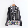 Retro Colored Flower Print Black White Striped Blazer Woman Notched Collar Open Stitching Slim Suit Casual Jacket Coat Outerwear