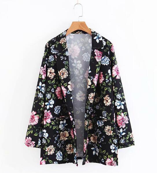 Retro Colored Flower Print Open Stitching Side Slit Blazer Black Woman Shawl Collar Loose Long Suit Casual Jacket Coat Outerwear