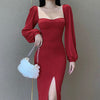 Retro Court Style Bubble Sleeve Dress Women's European and American  Design Temperament Split Skirt