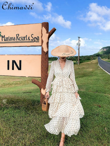 Retro Dots Cake Maxi Dress able V-neck Chiffon Dress for Women 2022 Autumn High Waist Slimming Fairy Seaside Beach Dress