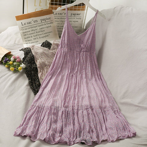 Retro Easy Matching Floral Stitching Midi Dress for Women 2022 Spring and Summer Loose Slimming Beautiful Back Printed Suspender