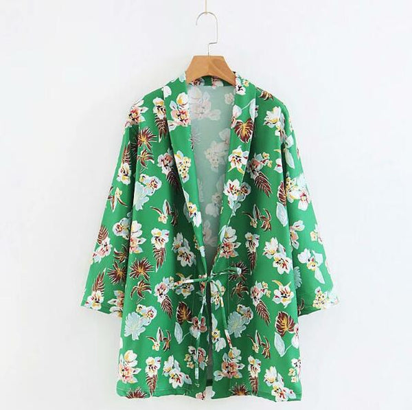 Retro Flower Print Bow tied Lace Up Open Stitching Loose Long Blazer Green Woman Shawl Collar Suit Casual Jacket Coat Outerwear