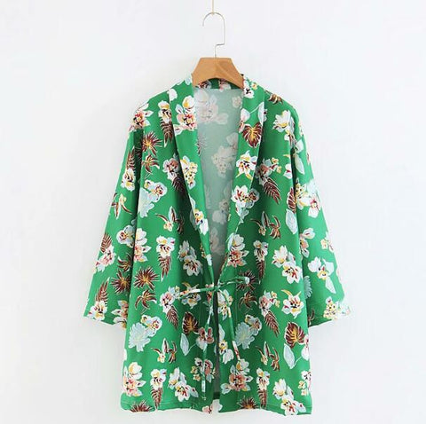 Retro Flower Print Bow tied Lace Up Open Stitching Loose Long Blazer Green Woman Shawl Collar Suit Casual Jacket Coat Outerwear