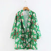 Retro Flower Print Bow tied Lace Up Open Stitching Loose Long Blazer Green Woman Shawl Collar Suit Casual Jacket Coat Outerwear