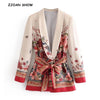 Retro Flower print Sashes Waist Blazer 2022 Casual Woman Shawl Collar Slim Fit Mid long Suit Jacket Coat Outerwear With Belt