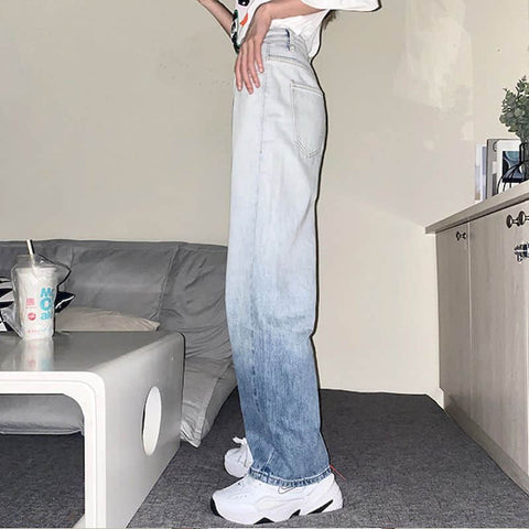 Retro Gradient Jeans Men Women Bf Style 2022 Spring Loose Thin High Waist Denim Straight Pants Cool Sky Blue Gradient
