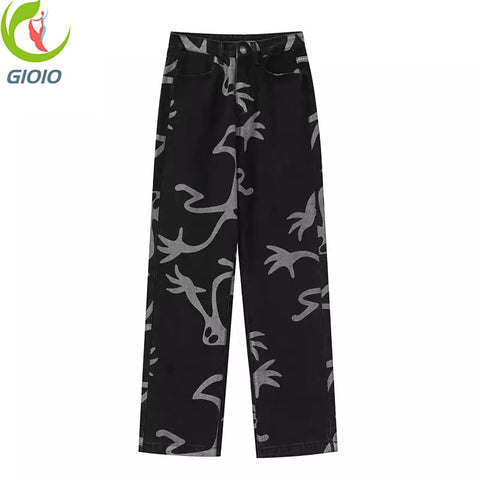 Retro High Waist Straight Jeans Women Spring And Autumn Street Print Wide Leg Pants Loose Y2K Harajuku Jeans Female