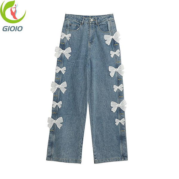 Retro High Waist Women's Straight Jeans 2022 Autumn Bow Stitching Loose Harajuku Wide Leg Denim Trousers Female