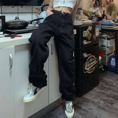 Retro Jeans Women Harajuku Vintage Black Street BF Style Chic College Teens Streetwear All-match Loose Femme Trousers