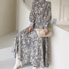 Retro Lace Up Waist Stand Ink Print Dress Women Chiffon Long Sleeve Vestido Mujer Korean Slim Maxi Clothes Bottom