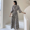 Retro Lace Up Waist Stand Ink Print Dress Women Chiffon Long Sleeve Vestido Mujer Korean Slim Maxi Clothes Bottom