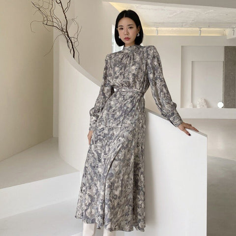 Retro Lace Up Waist Stand Ink Print Dress Women Chiffon Long Sleeve Vestido Mujer Korean Slim Maxi Clothes Bottom