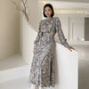 Retro Lace Up Waist Stand Ink Print Dress Women Chiffon Long Sleeve Vestido Mujer Korean Slim Maxi Clothes Bottom