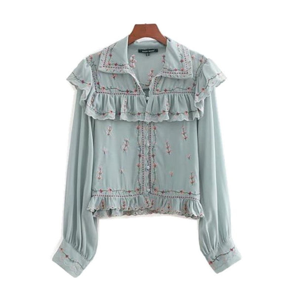Retro Lapel Embroidery flower Wood ears Ruffles Shirt 2022 Woman Wave Single breasted Buttons Chiffon Pullover Blouse Femme Tops