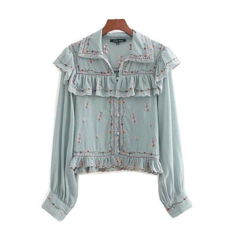 Retro Lapel Embroidery flower Wood ears Ruffles Shirt 2022 Woman Wave Single breasted Buttons Chiffon Pullover Blouse Femme Tops