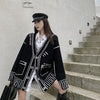 Retro Loose Graffiti Cardigan Knitted Jacket Long V Neck Autumn Winter Knitted Sweaters Tops Solid Casual Pull White Black Coats
