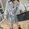 Retro Loose Graffiti Cardigan Knitted Jacket Long V Neck Autumn Winter Knitted Sweaters Tops Solid Casual Pull White Black Coats