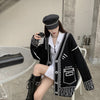 Retro Loose Graffiti Cardigan Knitted Jacket Long V Neck Autumn Winter Knitted Sweaters Tops Solid Casual Pull White Black Coats