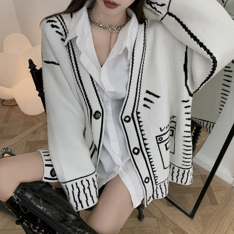 Retro Loose Graffiti Cardigan Knitted Jacket Long V Neck Autumn Winter Knitted Sweaters Tops Solid Casual Pull White Black Coats